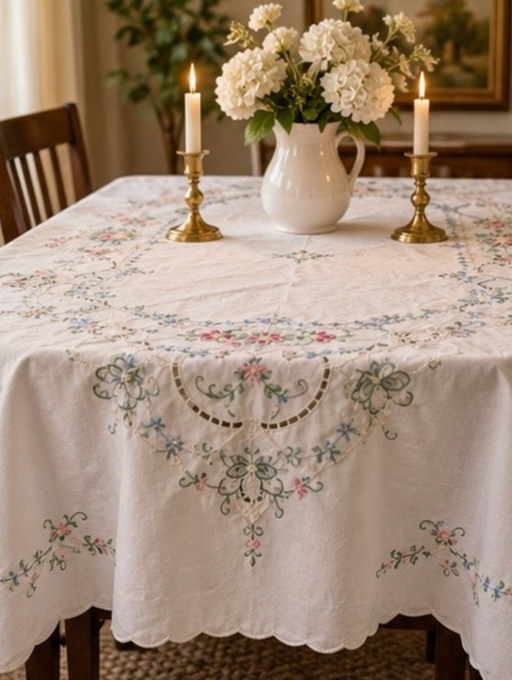 Vintage Embroidered Cotton Tablecloth 100x70 + 12 Napkins Floral Cutwork